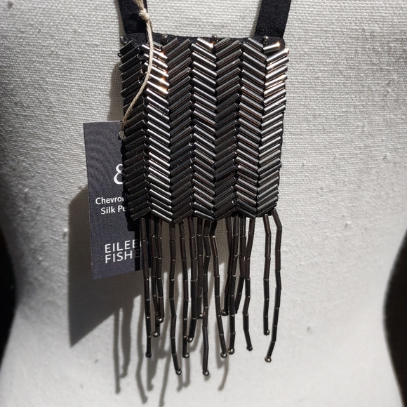 Eileen Fisher NWT Black Silk and Silver Chevron Necklace - Picture 1 of 5